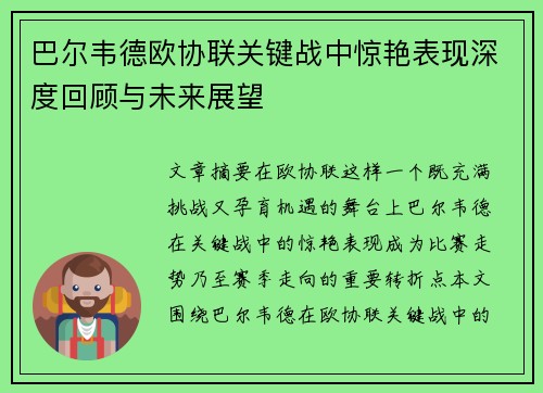 巴尔韦德欧协联关键战中惊艳表现深度回顾与未来展望